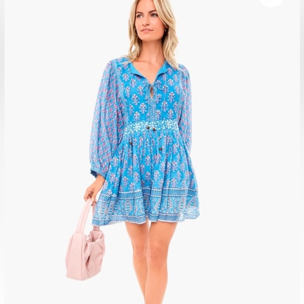 Women's Oliphant Blue Floral long Sleeve Tassel Mini Dress Size XS